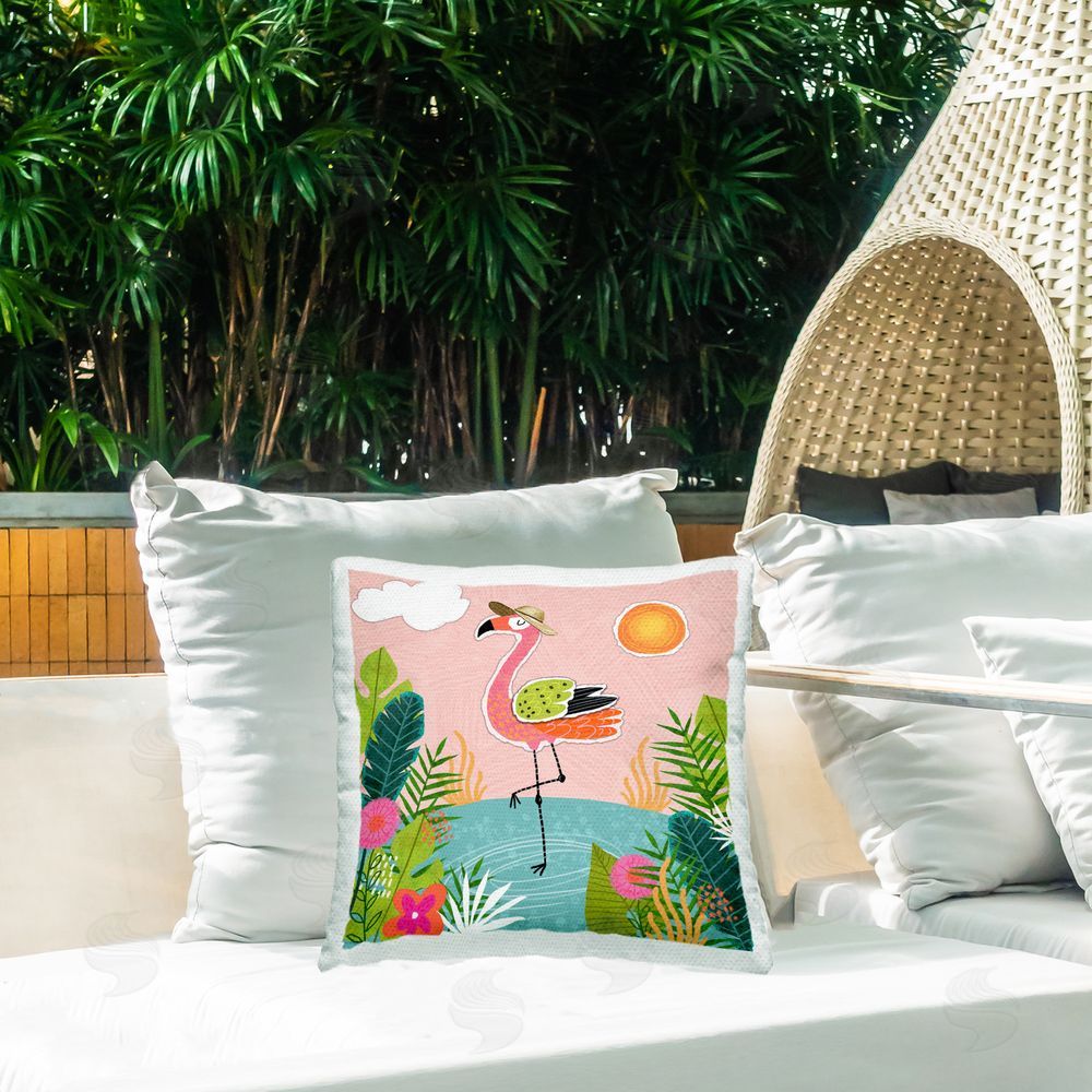 Tina Finn Tropical Flamingo Pond Outdoor Quick-Dry Polyester Printed Throw Pillow in Back Yard