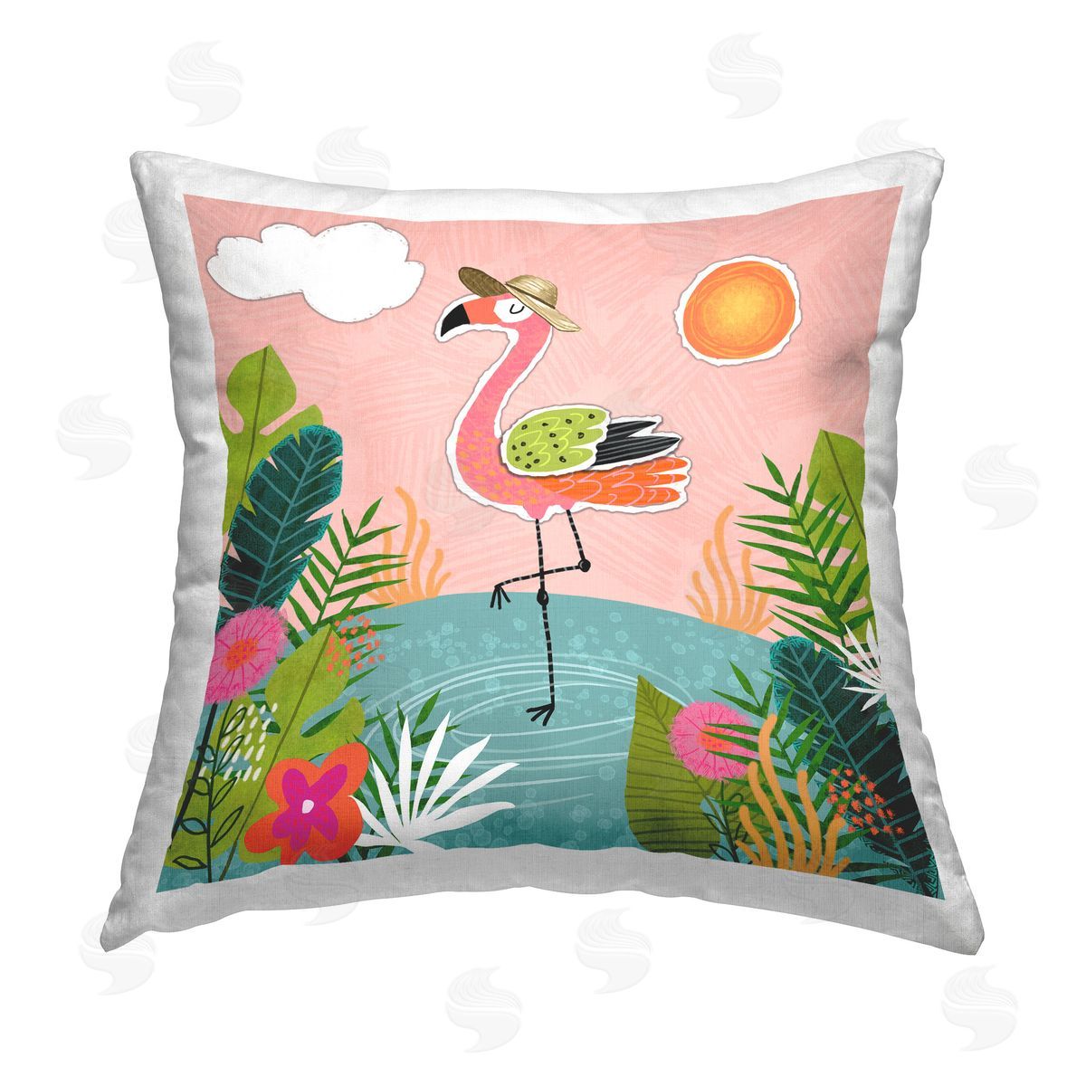 Tina Finn Tropical Flamingo Pond Printed Plush Polyester Throw Pillow