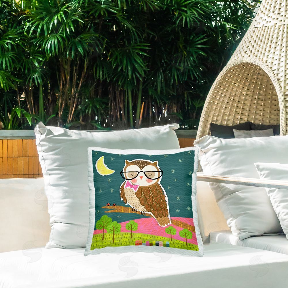 Tina Finn Wise Owl on Branch Outdoor Quick-Dry Polyester Printed Throw Pillow in Back Yard
