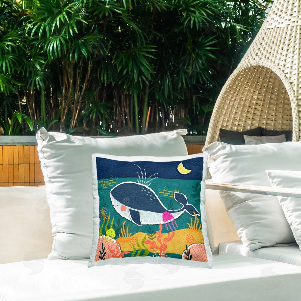 Tina Finn Whale At Nighttime Outdoor Quick-Dry Polyester Printed Throw Pillow in Back Yard
