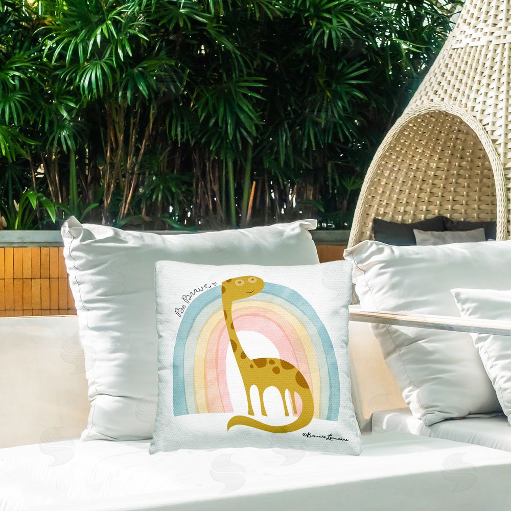 Bonnie Lemaire Be Brave Dino Phrase Outdoor Quick-Dry Polyester Printed Throw Pillow in Back Yard