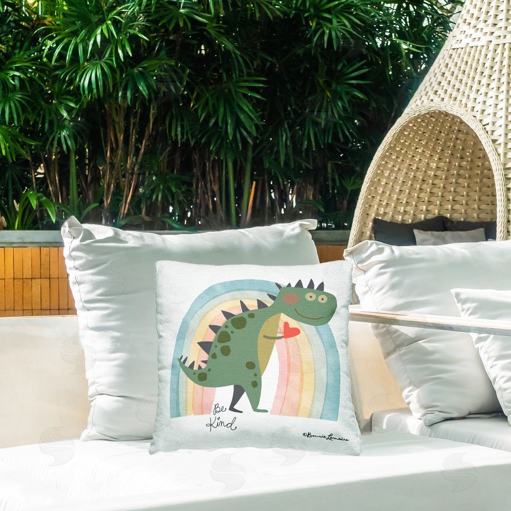 Bonnie Lemaire Be Kind Dino Phrase Outdoor Quick-Dry Polyester Printed Throw Pillow in Back Yard