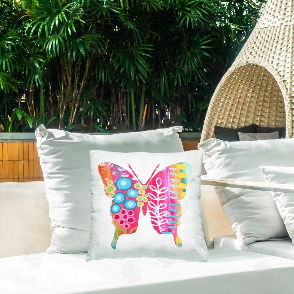 Lisa Nohren Pink Florals Butterfly Outdoor Quick-Dry Polyester Printed Throw Pillow in Back Yard