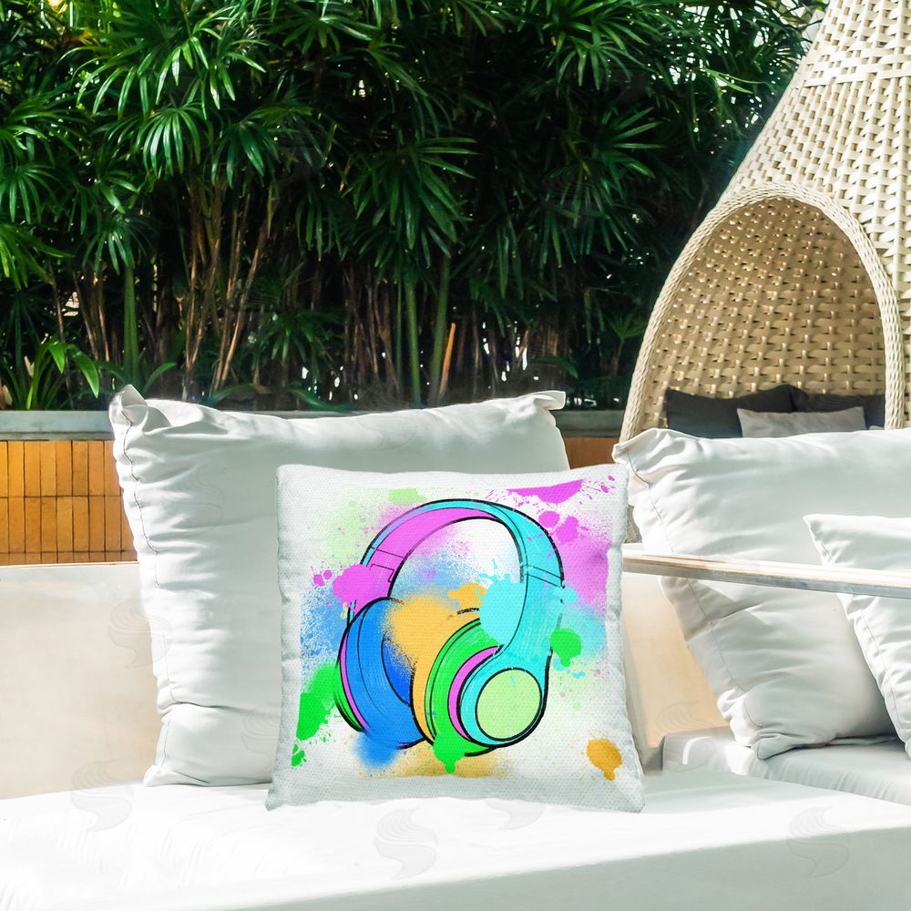 Marcus Prime Splattered Music Headphones Outdoor Quick-Dry Polyester Printed Throw Pillow in Back Yard