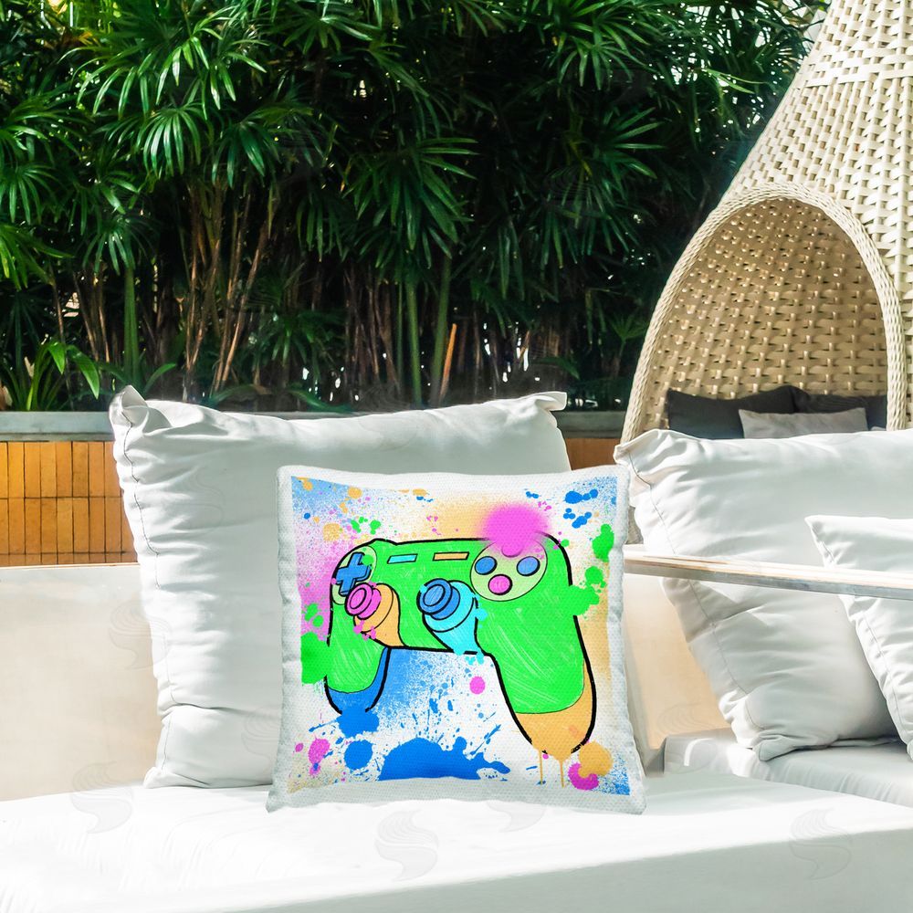 Marcus Prime Splattered Game Controller Outdoor Quick-Dry Polyester Printed Throw Pillow in Back Yard