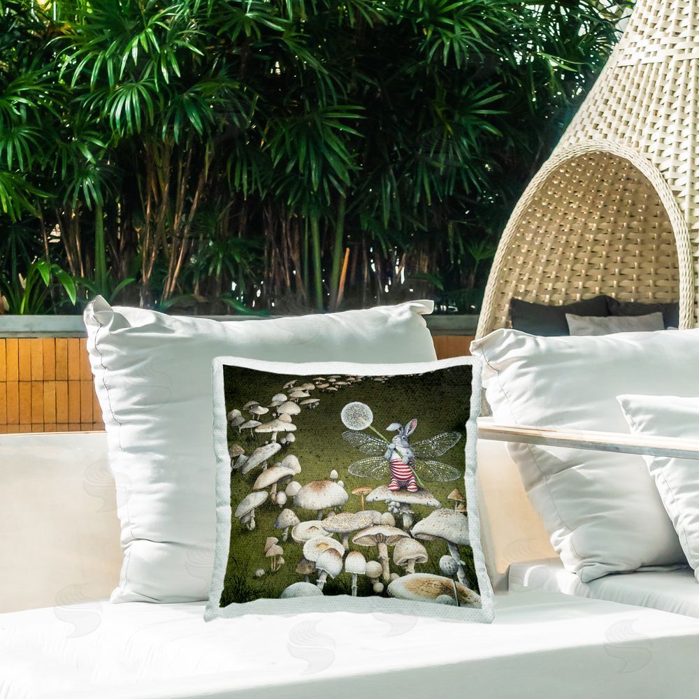 Maggie Vandewalle Fairy Bunny on Mushroom Outdoor Quick-Dry Polyester Printed Throw Pillow in Back Yard