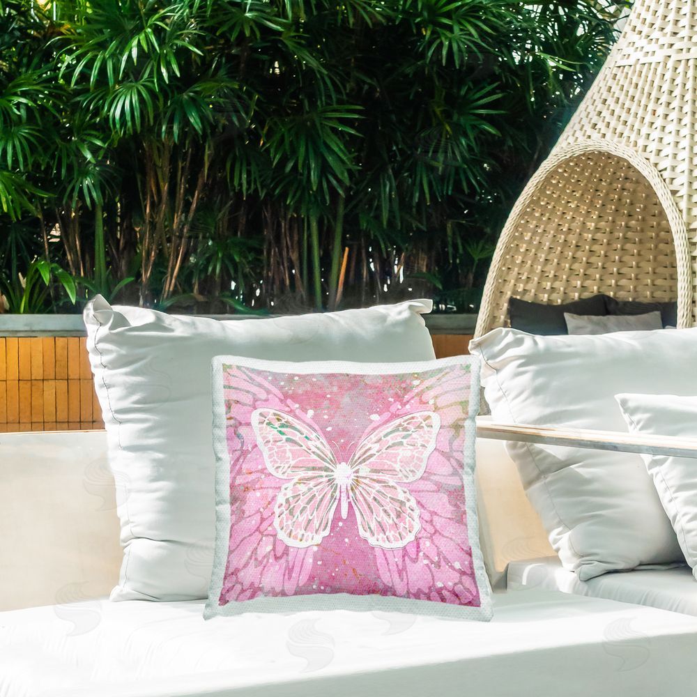 Martina Pavlova Pink Butterfly Wings Outdoor Quick-Dry Polyester Printed Throw Pillow in Back Yard