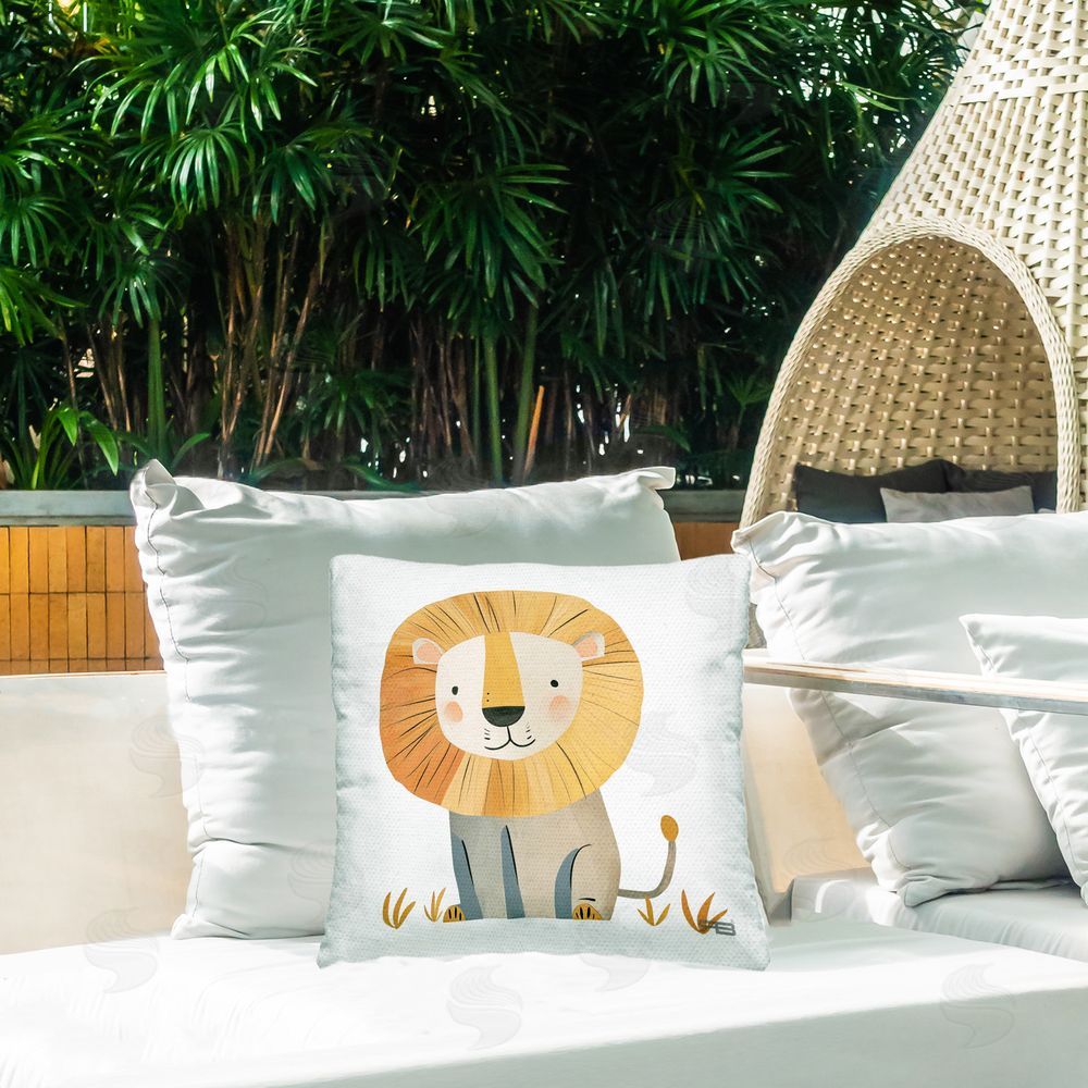 Roozbeh Bahramali Smiling Whimsical Lion Outdoor Quick-Dry Polyester Printed Throw Pillow in Back Yard