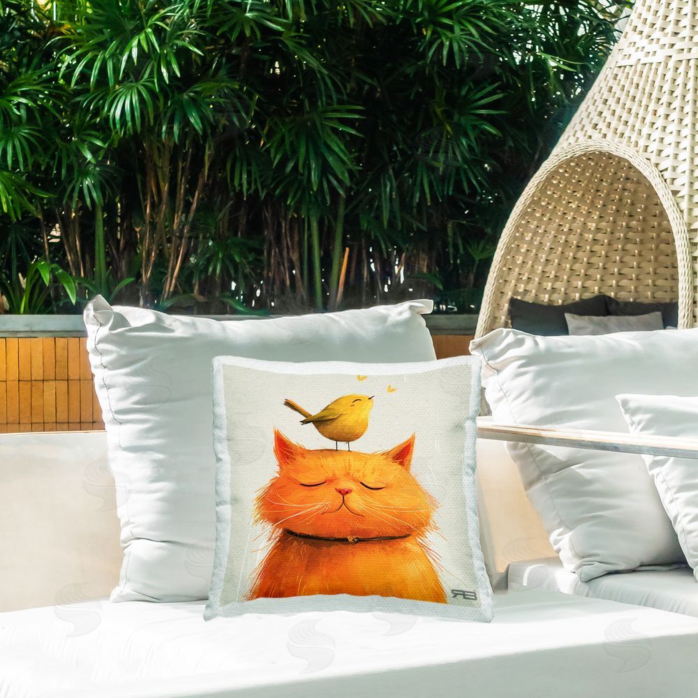 Roozbeh Bahramali Bird Perched on Cat Outdoor Quick-Dry Polyester Printed Throw Pillow in Back Yard