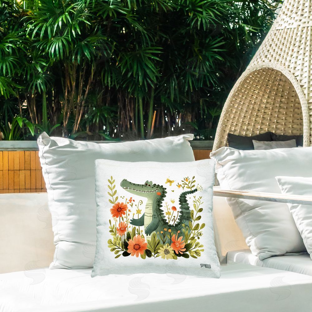Roozbeh Bahramali Floral Happy Alligator Outdoor Quick-Dry Polyester Printed Throw Pillow in Back Yard