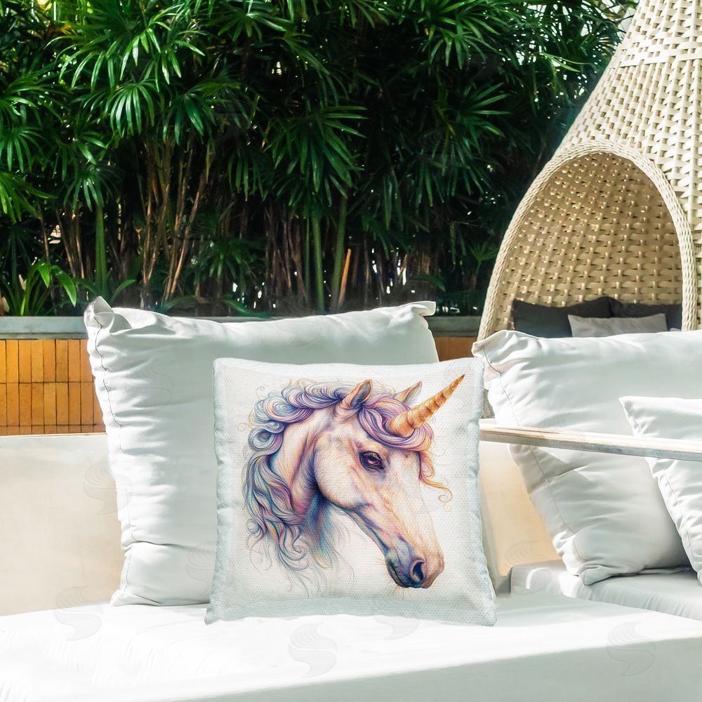 Steve Hunziker Waving Mane Unicorn Outdoor Quick-Dry Polyester Printed Throw Pillow in Back Yard