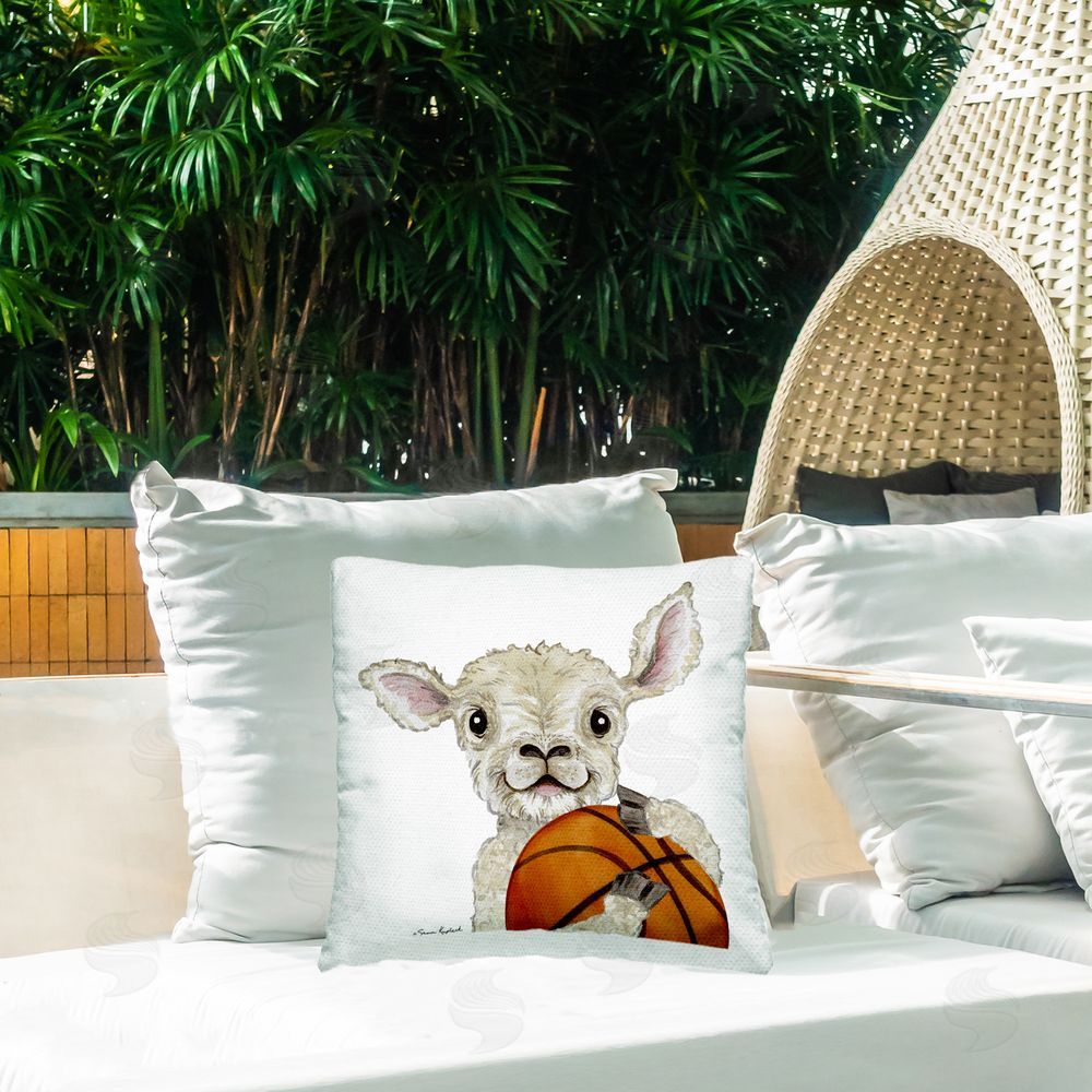 Sharon Kuplack Lamb Playing Basketball Outdoor Quick-Dry Polyester Printed Throw Pillow in Back Yard