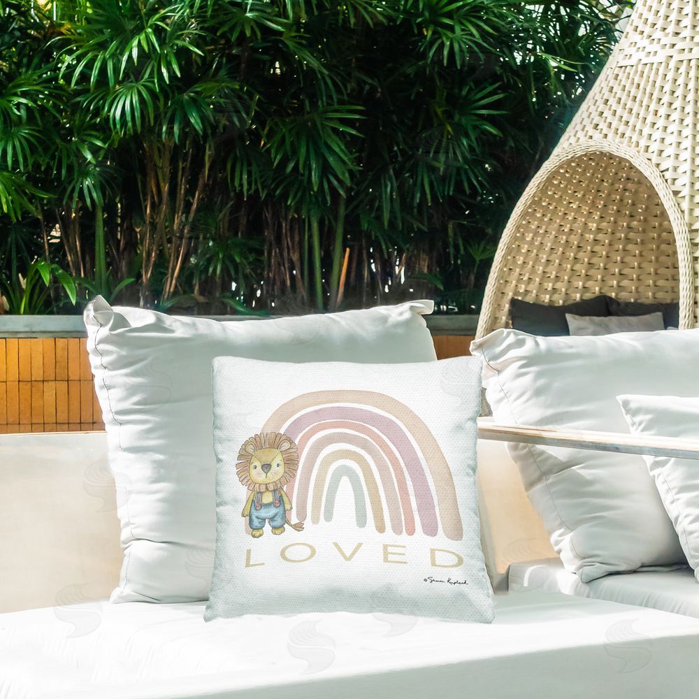 Sharon Kuplack Loved Lion & Rainbow Outdoor Quick-Dry Polyester Printed Throw Pillow in Back Yard