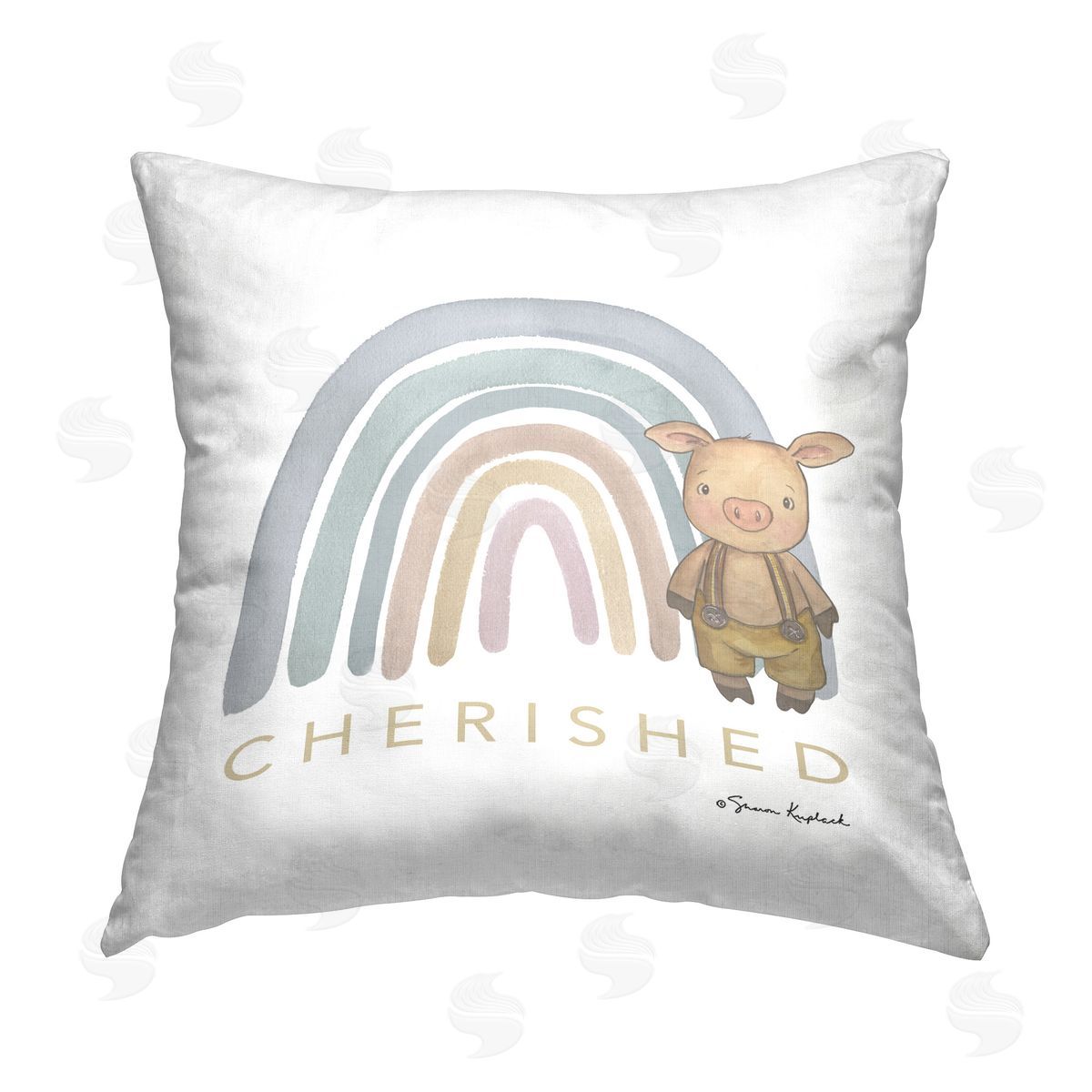 Sharon Kuplack Cherished Pig & Rainbow Printed Plush Polyester Throw Pillow