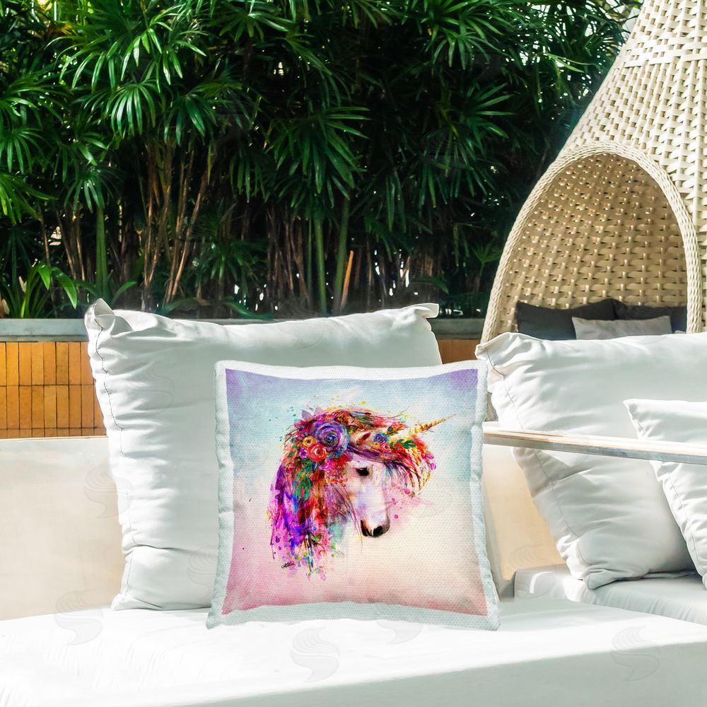 Sally Kaye Barlow/Makaio Design Abstract Unicorn with Florals Outdoor Quick-Dry Polyester Printed Throw Pillow in Back Yard