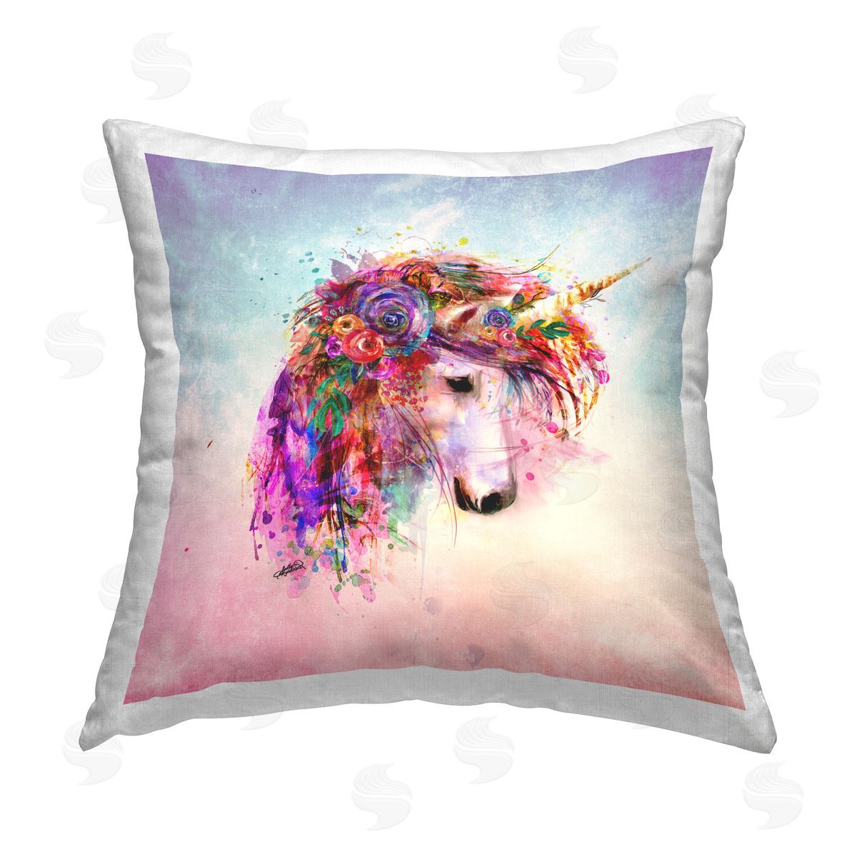 Sally Kaye Barlow/Makaio Design Abstract Unicorn with Florals Printed Plush Polyester Throw Pillow