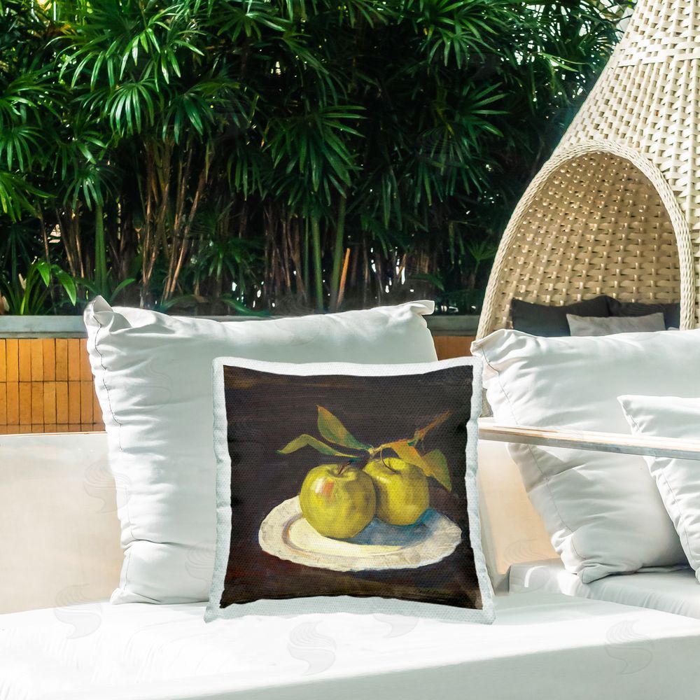 Carol Rowan Green Apple Still Life Outdoor Quick-Dry Polyester Printed Throw Pillow in Back Yard