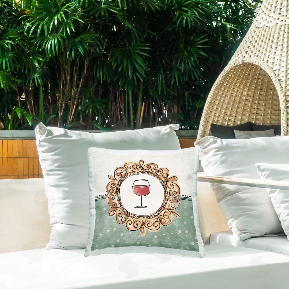 Anne Tavoletti Wine with Classic Border Outdoor Quick-Dry Polyester Printed Throw Pillow in Back Yard