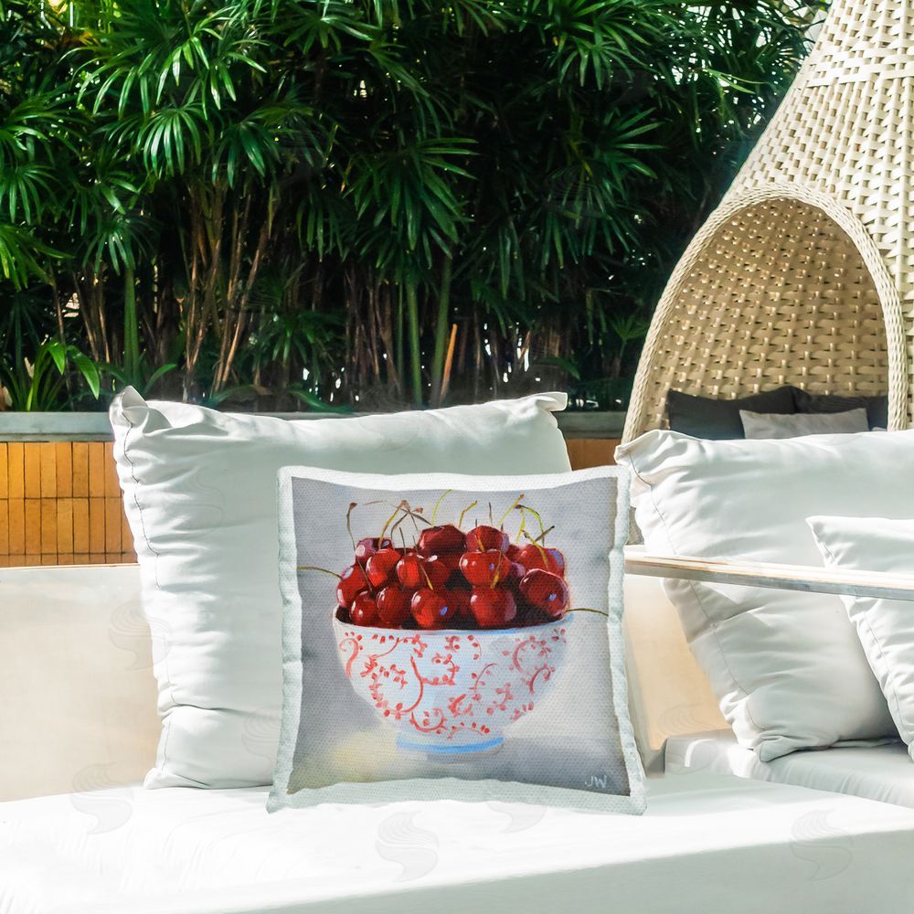 Jenny Westenhofer Cherries in Ornate Bowl Outdoor Quick-Dry Polyester Printed Throw Pillow in Back Yard