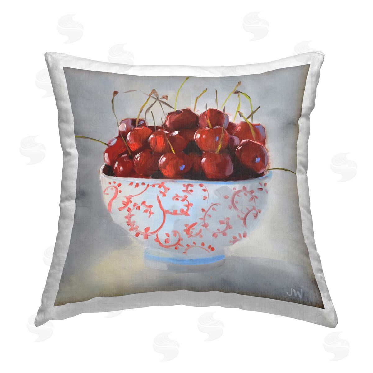 Jenny Westenhofer Cherries in Ornate Bowl Printed Plush Polyester Throw Pillow