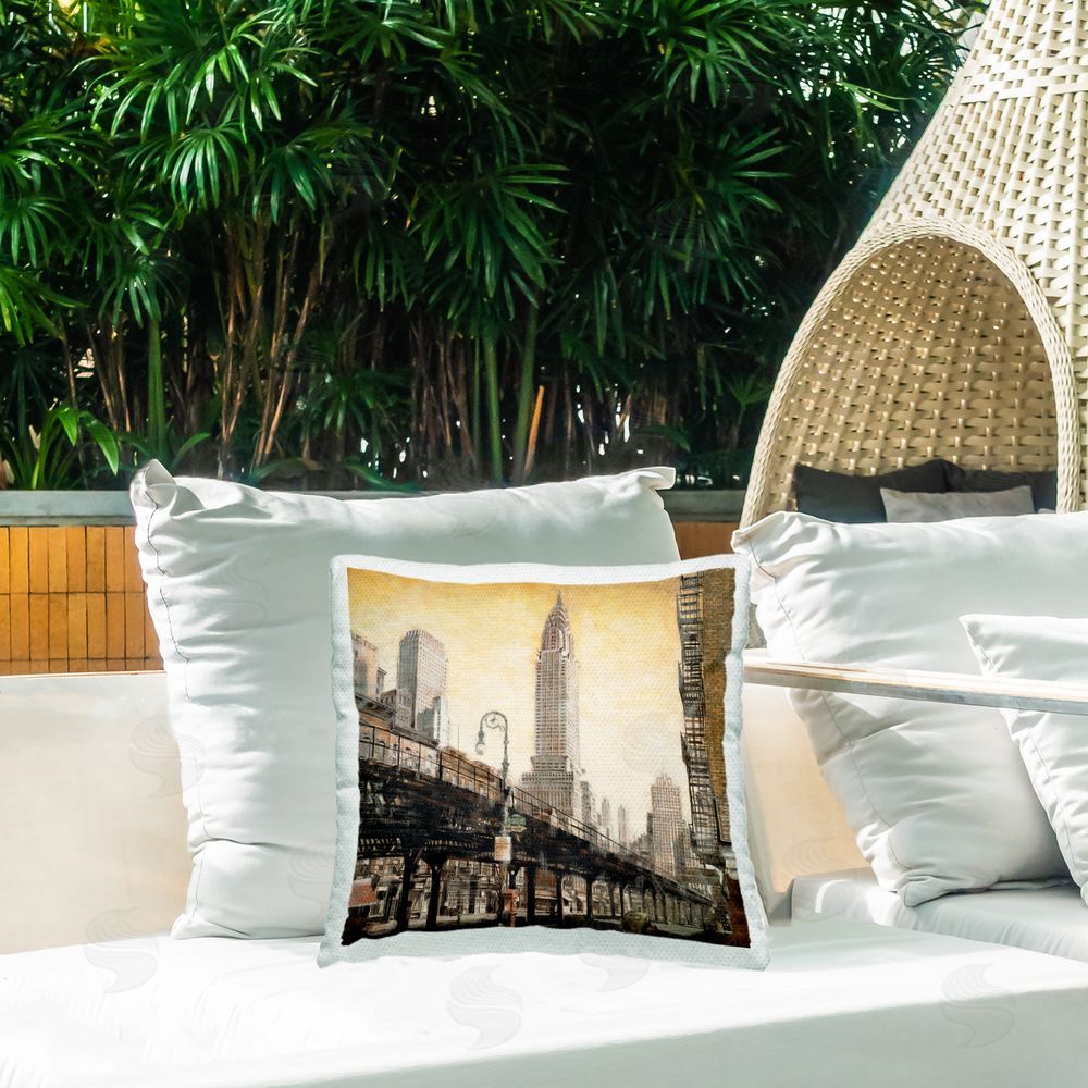 Matthew Daniels Looming City Towers Outdoor Quick-Dry Polyester Printed Throw Pillow in Back Yard