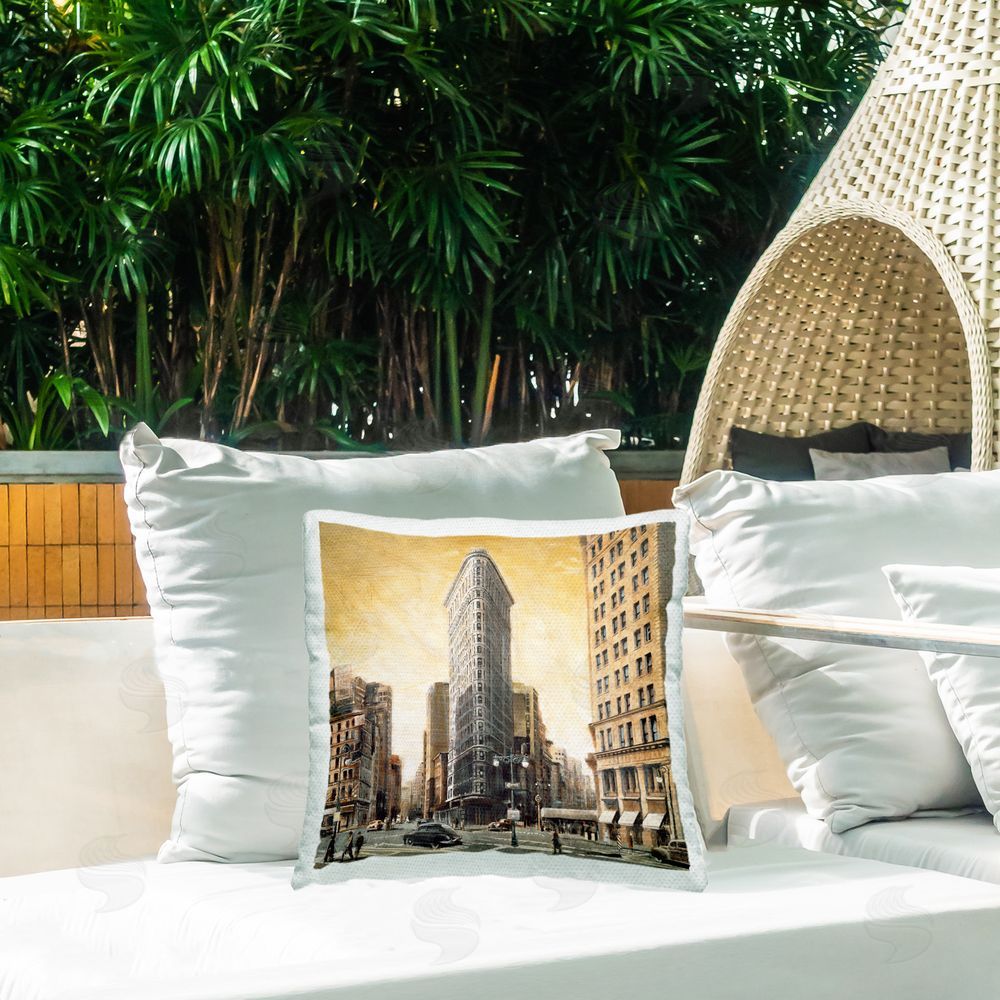 Matthew Daniels People Strolling City Outdoor Quick-Dry Polyester Printed Throw Pillow in Back Yard