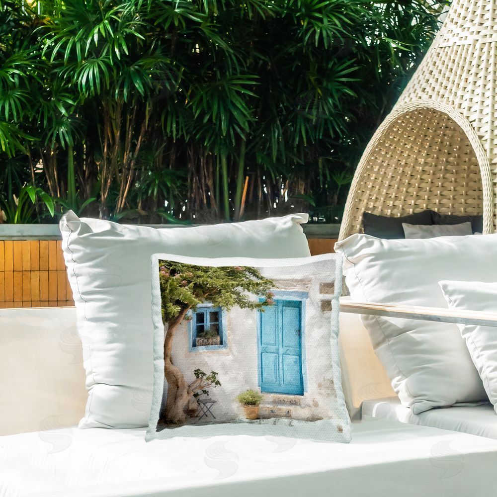Riley B Blue Door & Tree Outdoor Quick-Dry Polyester Printed Throw Pillow in Back Yard