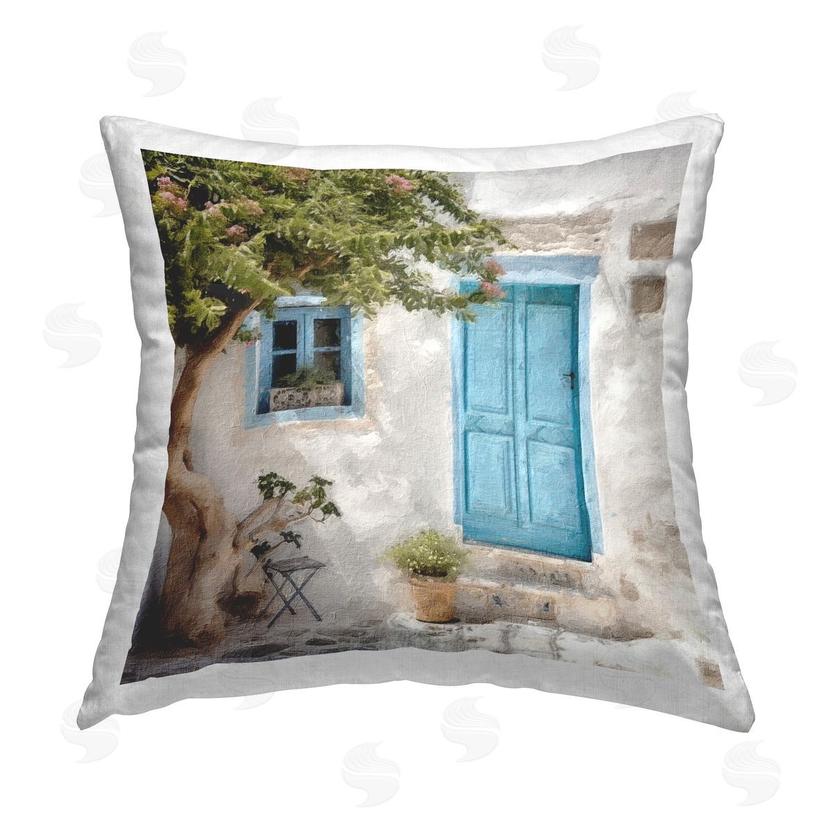 Riley B Blue Door & Tree Printed Plush Polyester Throw Pillow