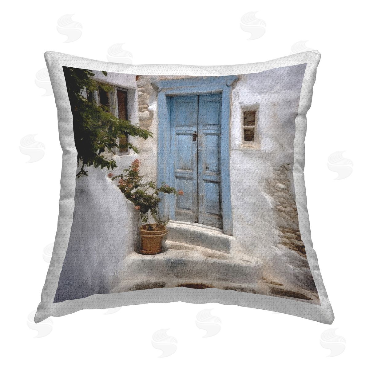Riley B Blue Greek Door Outdoor Quick-Dry Polyester Printed Throw Pillow