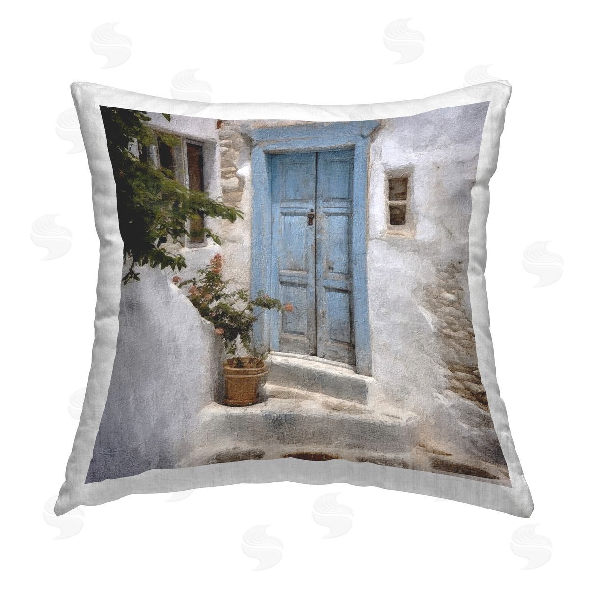 Riley B Blue Greek Door Printed Plush Polyester Throw Pillow