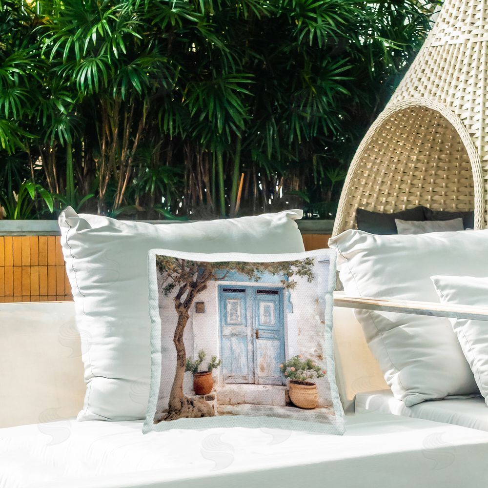 Riley B Tree & Blue Doorway Outdoor Quick-Dry Polyester Printed Throw Pillow in Back Yard