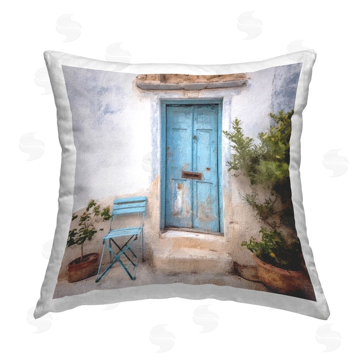 Riley B Blue Town Doorway Printed Plush Polyester Throw Pillow