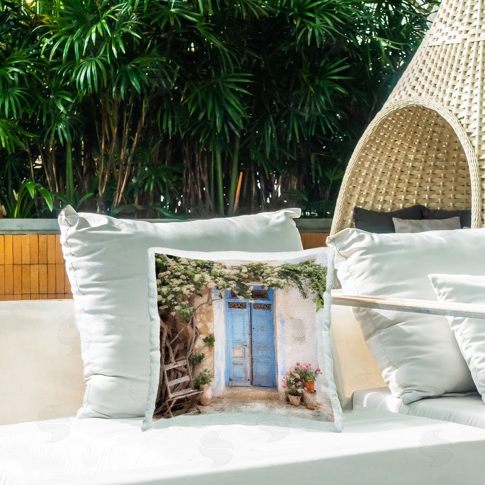 Riley B Greek Doorway with Tree Outdoor Quick-Dry Polyester Printed Throw Pillow in Back Yard