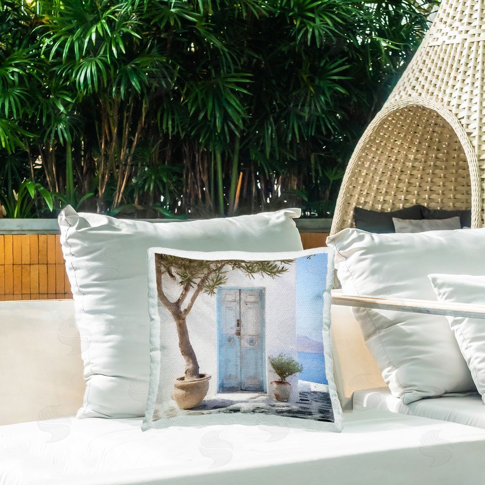 Riley B Coastal Greek Door Outdoor Quick-Dry Polyester Printed Throw Pillow in Back Yard