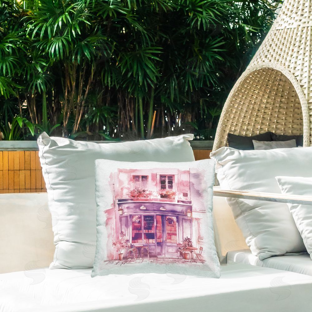 Steve Hunziker Pink Bistro Caf� Outdoor Quick-Dry Polyester Printed Throw Pillow in Back Yard