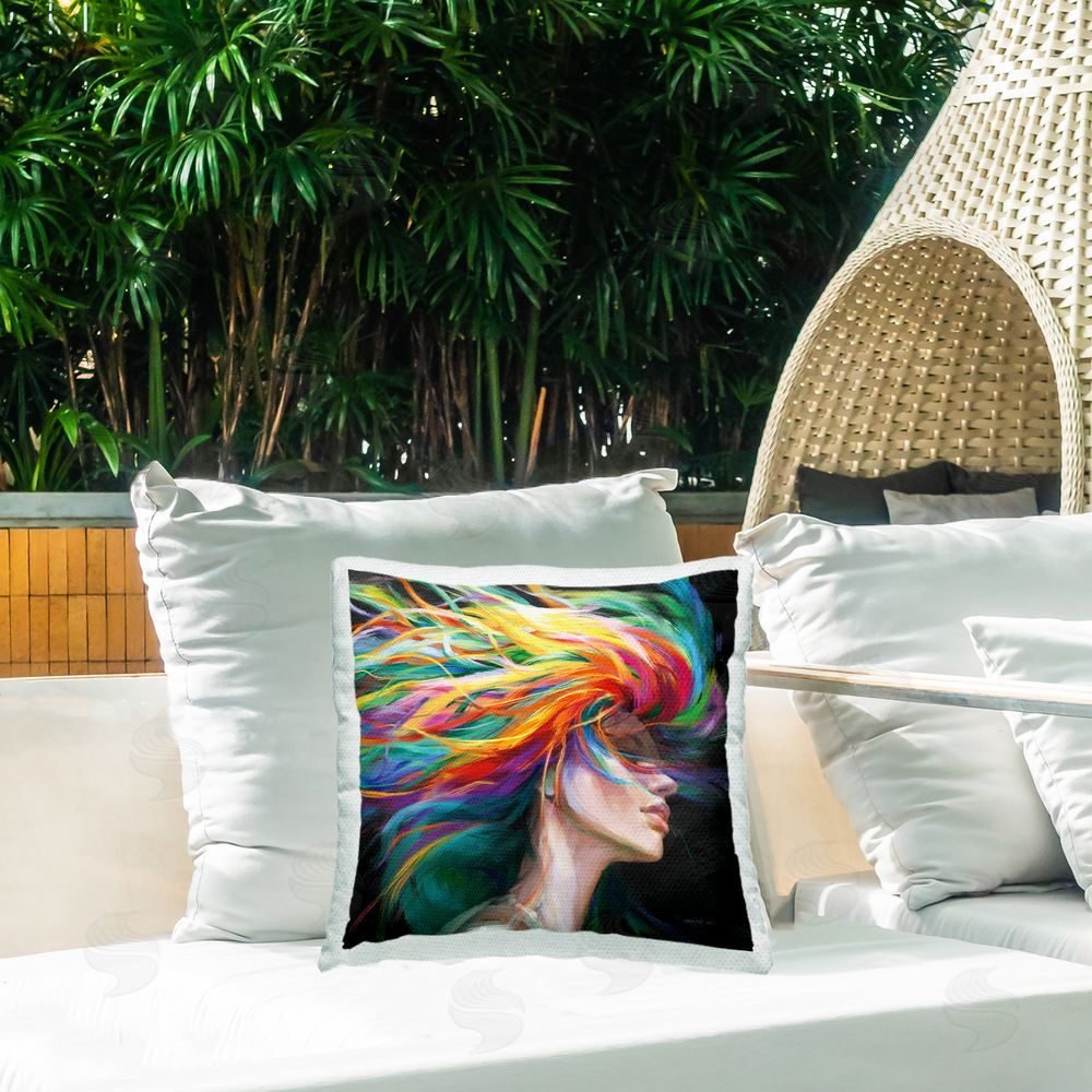 Danhui Nai Woman with Rainbow Hair Outdoor Quick-Dry Polyester Printed Throw Pillow in Back Yard