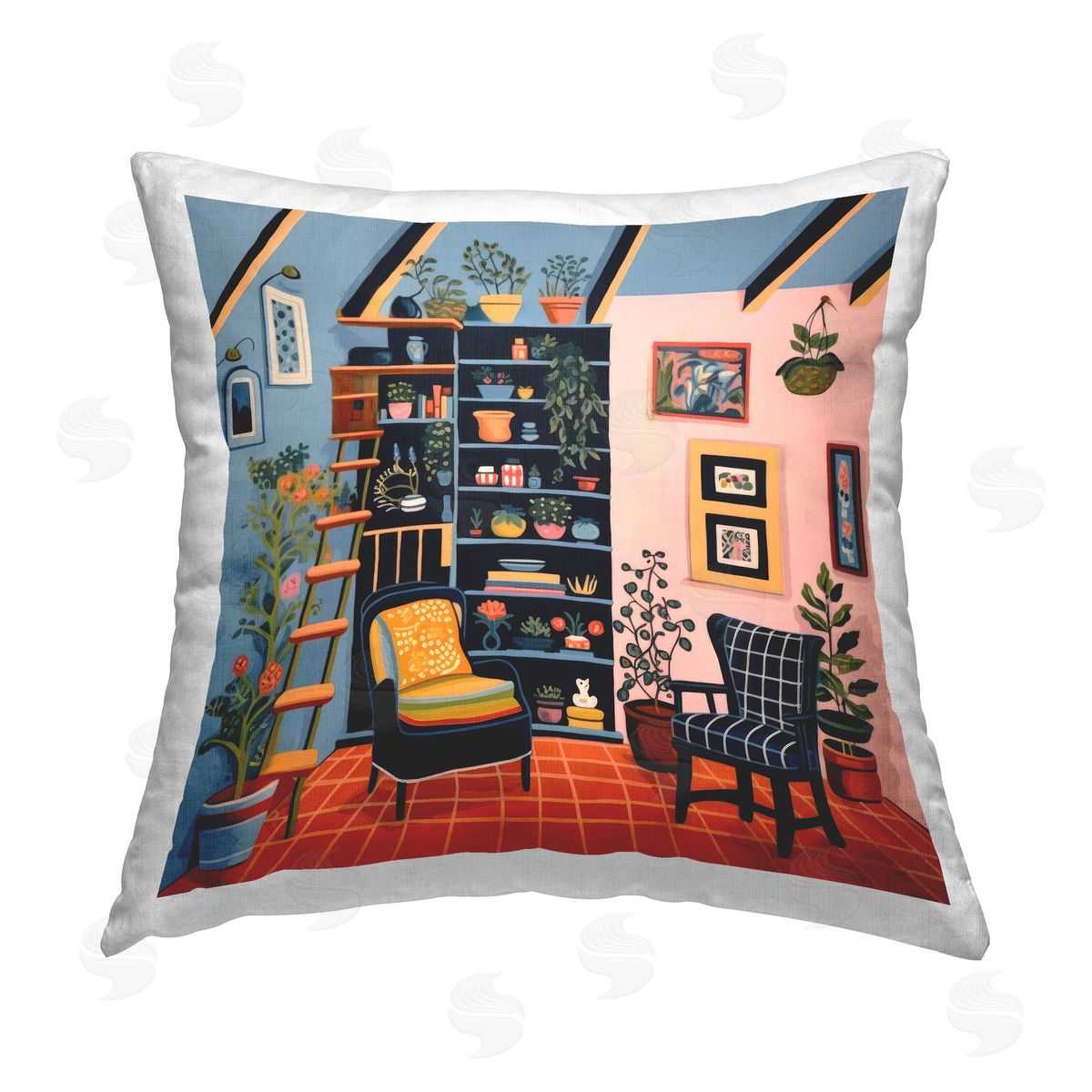 Lazar Studio Bookshelf Scene & Plants Printed Plush Polyester Throw Pillow