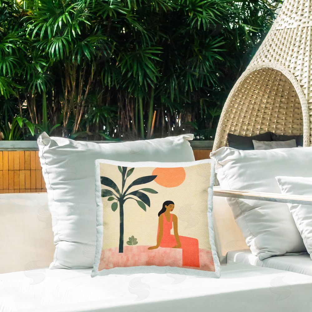 Lazar Studio Tropical Scene & Woman Outdoor Quick-Dry Polyester Printed Throw Pillow in Back Yard
