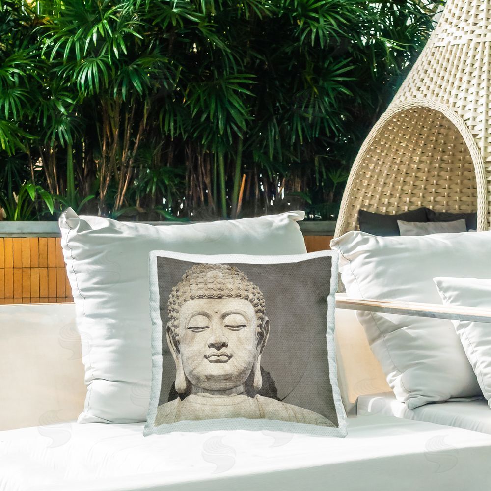 Amber Sterling Rustic Buddha Portrait Outdoor Quick-Dry Polyester Printed Throw Pillow in Back Yard