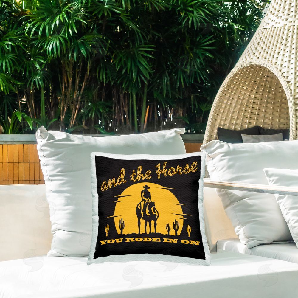 Jedco Brands Inc. Horse You Rode In On Outdoor Quick-Dry Polyester Printed Throw Pillow in Back Yard