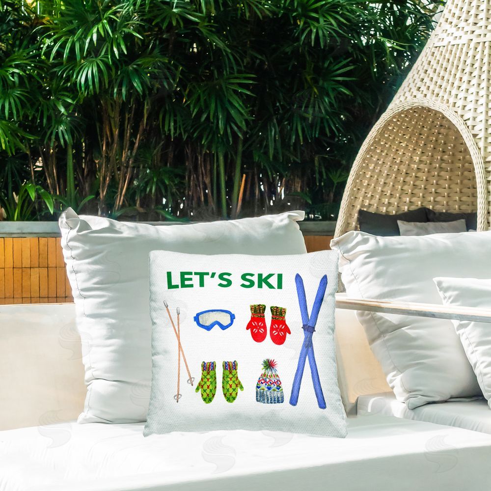 Melissa Hyatt Let's Ski on White Outdoor Quick-Dry Polyester Printed Throw Pillow in Back Yard