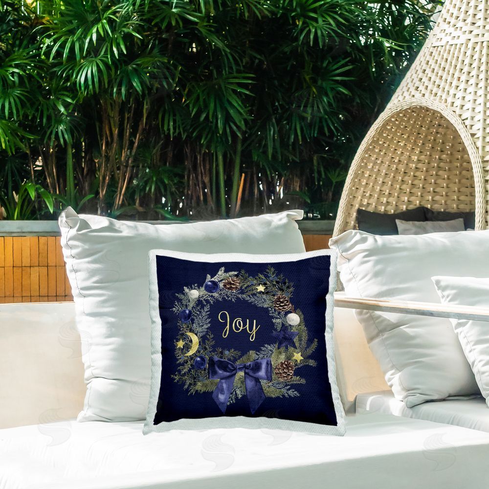Victoria Barnes Joy Holiday Wreath Outdoor Quick-Dry Polyester Printed Throw Pillow in Back Yard