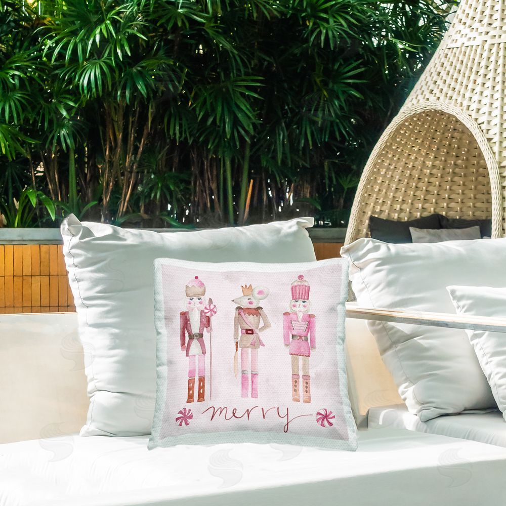 Melissa Hyatt Merry Pink Nutcrackers Outdoor Quick-Dry Polyester Printed Throw Pillow in Back Yard