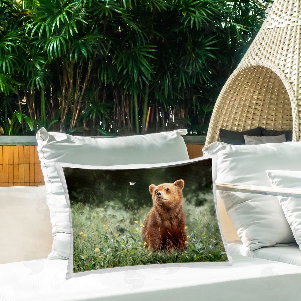 Mark Kelso Baby Bear & Butterfly Outdoor Quick-Dry Polyester Printed Throw Pillow in Back Yard