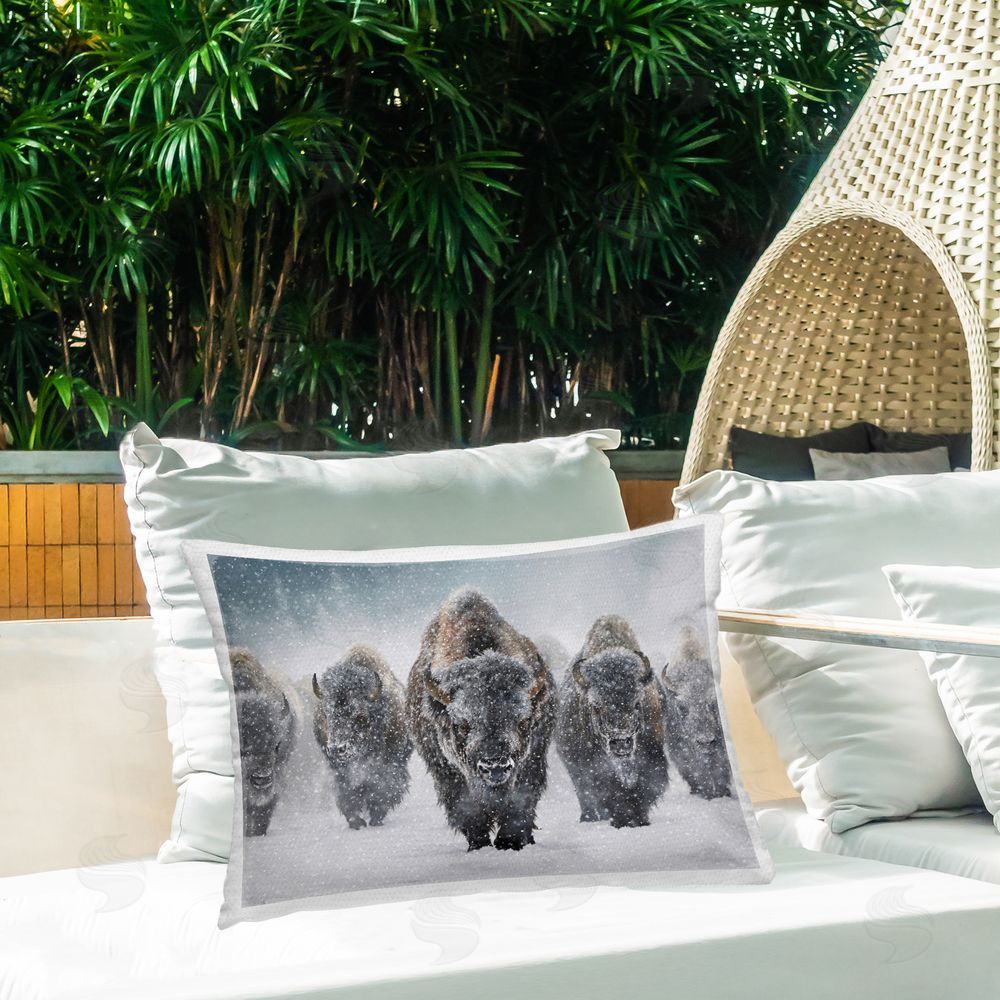 Mark Kelso Indomitable Bison in Snow Outdoor Quick-Dry Polyester Printed Throw Pillow in Back Yard