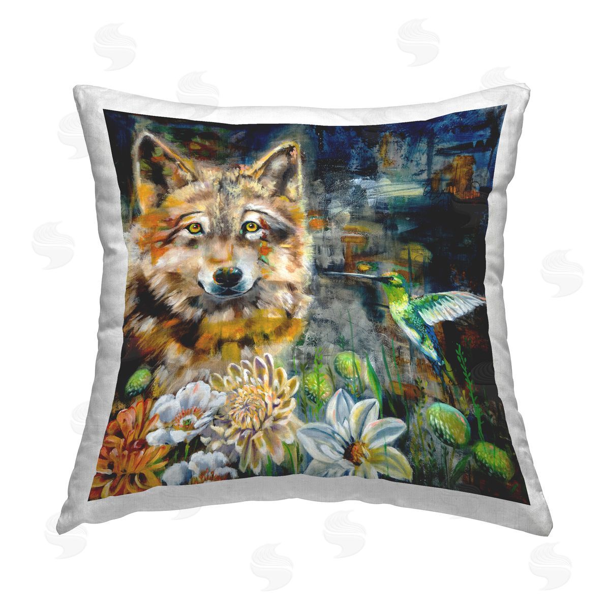 Linda McClure Beautiful Wolf & Hummingbird Printed Plush Polyester Throw Pillow