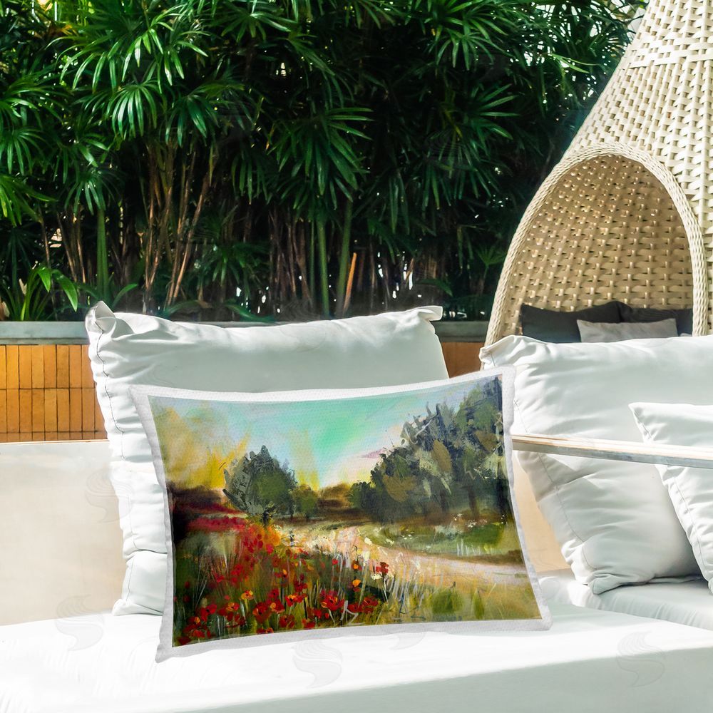 Linda McClure Poppy Sunset Landscape Outdoor Quick-Dry Polyester Printed Throw Pillow in Back Yard