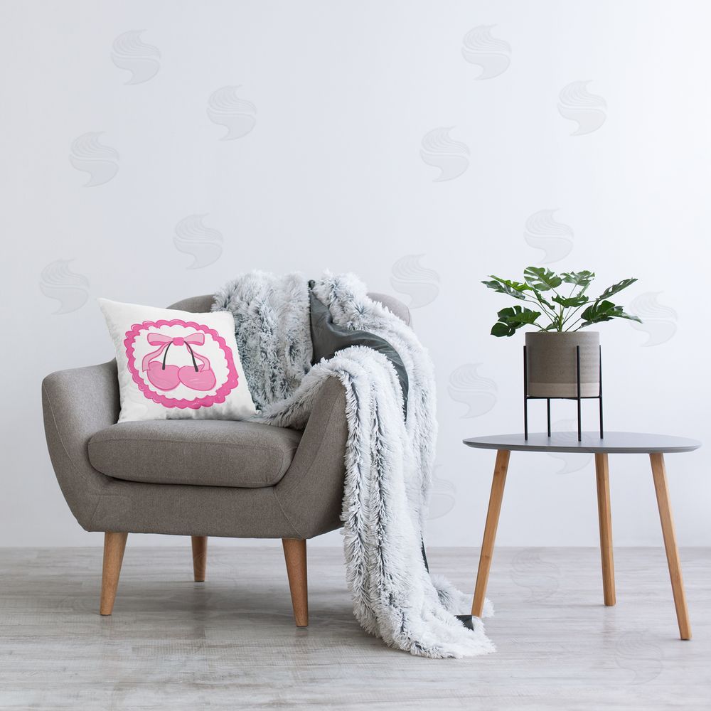 Carrie Cantwell Pink Cherries & Bow Printed Plush Polyester Throw Pillow On Chair
