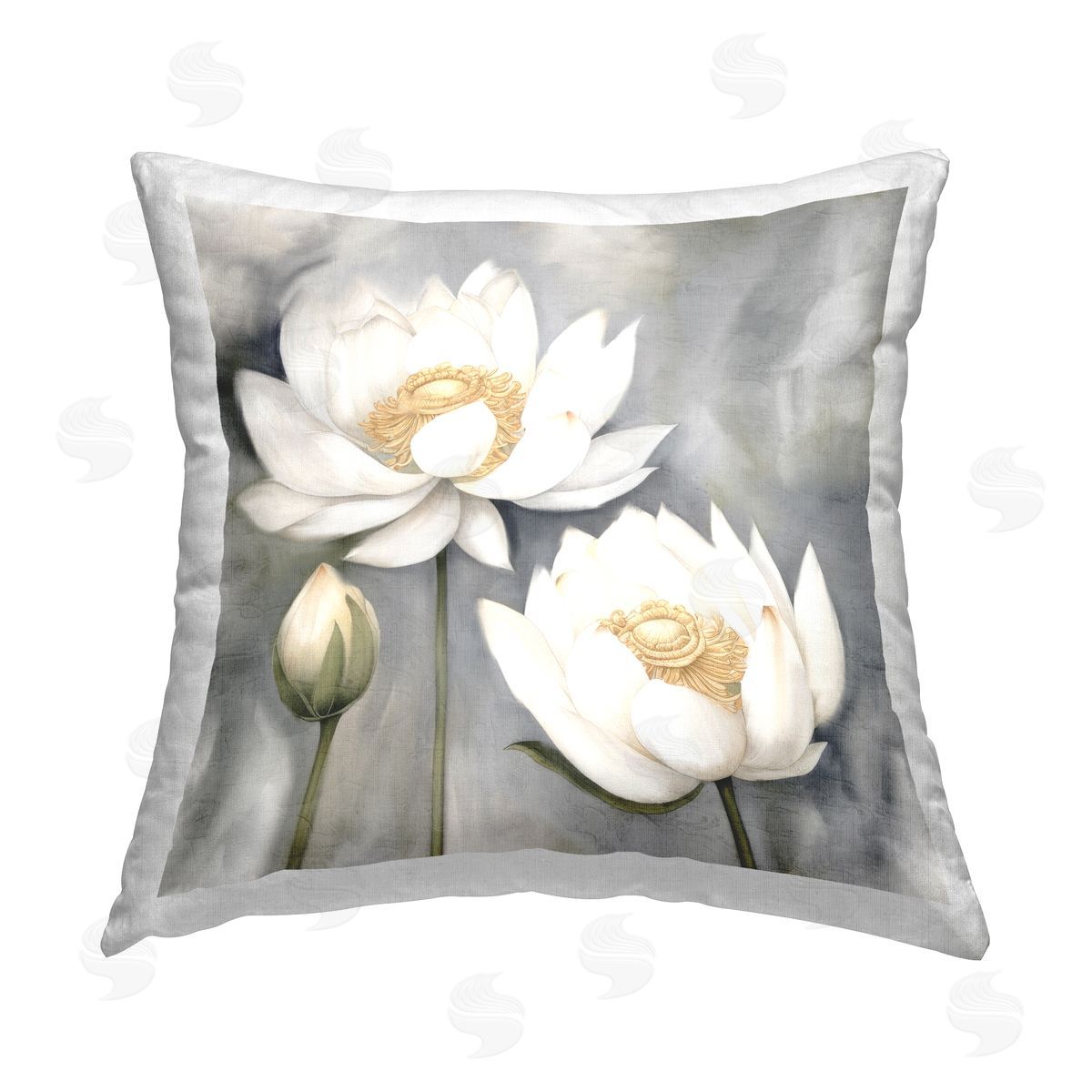 Kim Allen White Lotuses on Grey Printed Plush Polyester Throw Pillow