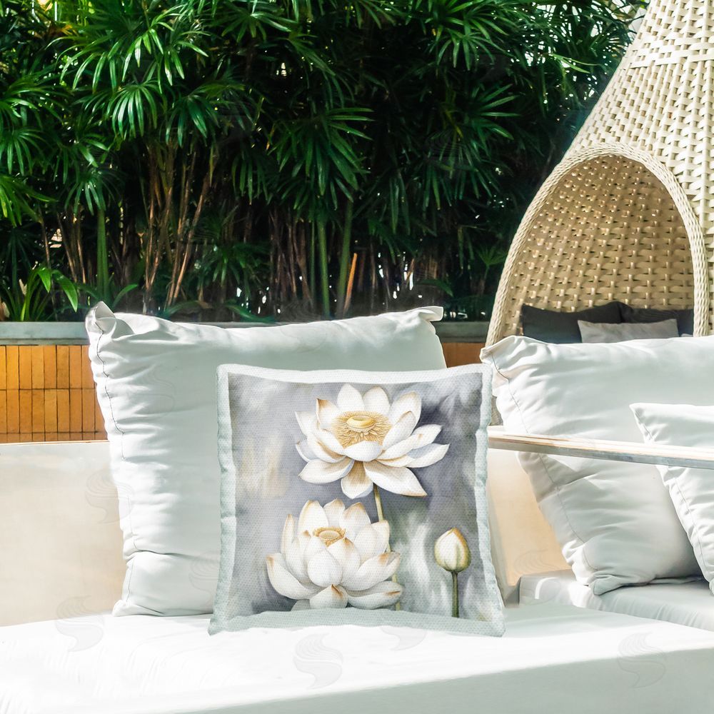 Kim Allen Budding White Lotus Outdoor Quick-Dry Polyester Printed Throw Pillow in Back Yard